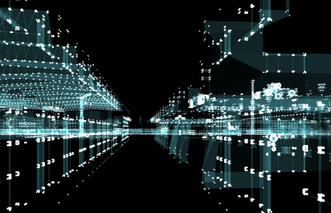 Abstract 3d-rendered city of lines and dots.