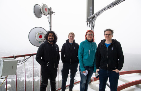 Lejish Vettikkat Parameswaran, Arttu Ylisirniö, Iida Pullinen and Angela Buchholtz in Puijo tower.