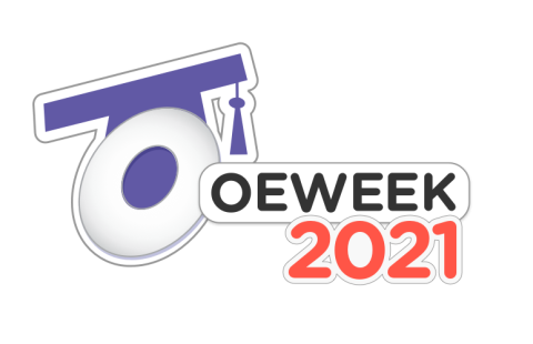 OEWeek2021 logo, tekstiä ja tyylitelty akateeminen tupsulakki.