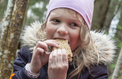 Child is eating lunch in forest.