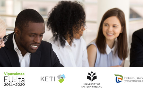 Kuvassa työntekijöitä ja rahoittajien logot