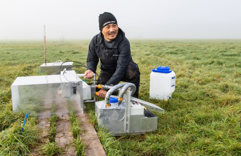 Zheng Yu suorittamassa mittauksia suopellolla.