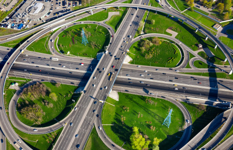 Aerial view of a stack motorway junction.