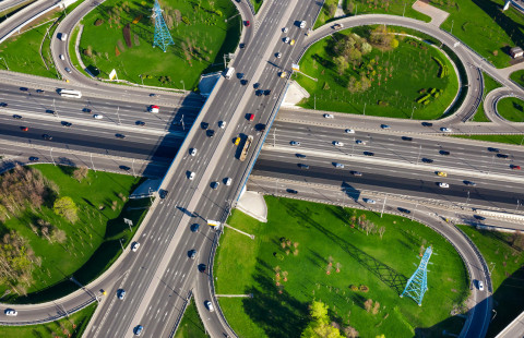 Aerial view of a stack motorway junction.