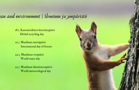 Orava, puu, Kansainvälinen kierrätyspäivä 18.3. Maailman metsäpäivä 21.3. Maailman vesipäivä 22.3. Maailman ilmatieteenpäivä 23.3.