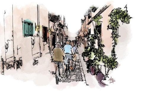 piirroskuva vehreästä kaupunkikadusta ihmisineen