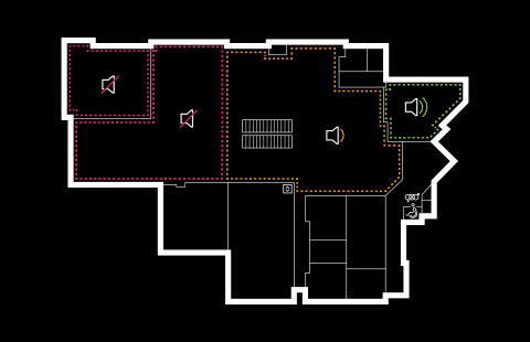 Pohjakuva Joensuun kampuskirjaston 1. kerroksesta. Kuvassa näkyvät tilan äänivyöhykkeet.
