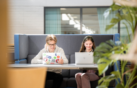 Norssin lukiolaiset opiskelee tietokoneen äärellä.