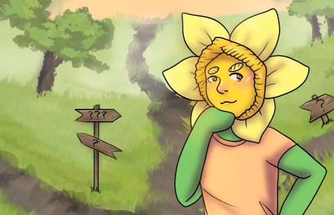 Piirroskuva henkilöstä kolmen polun risteyksessä.