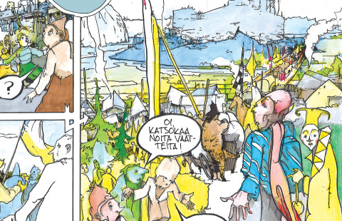 Ote Kari Korolaisen sarjakuvateoksesta Savulumi, joka kertoo Olavinlinnan rakentamisesta ja rajatematiikasta.