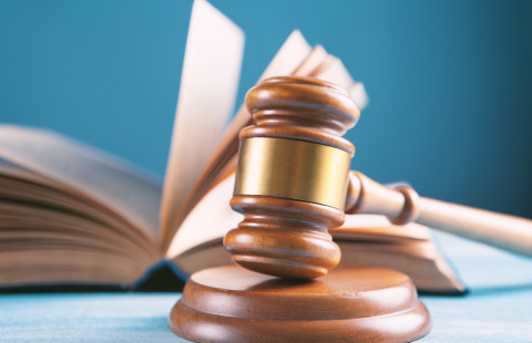 Tuomarin nuija ja lakikirja.