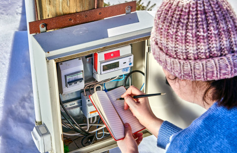 Nainen kirjoittaa muistikirjaan sähkömittarin lukemia.