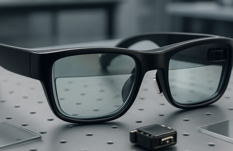 Black‑framed smart glasses with dark tinted lenses rest on a grey perforated metal surface, accompanied by a small black electronic module and a few rectangular glass or mirror component.