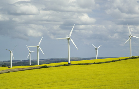 Tuulipuistoa avoimessa viljelysmaisemassa