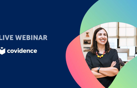 Teksti: Live webinar Covidence. Kuva: Hymyilevä ihminen. 