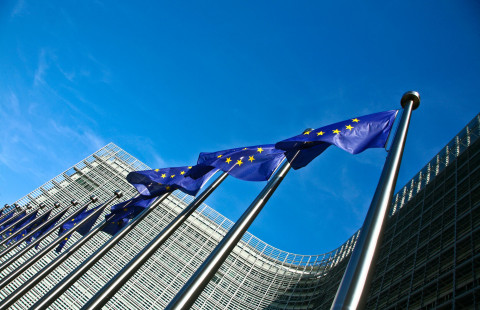 EU-lippuja Euroopan komission päärakennuksen edessä.