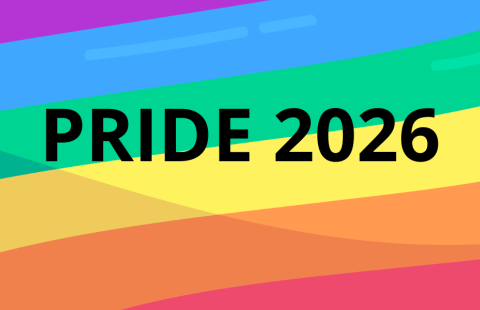 Pride 2026 -teksti sateenkaarikuvituksen päällä. Pride 2026 text on a rainbow illustration.