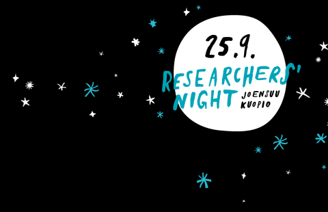 Graphics with moon and stars and the text Researchers' Night 25.9. Joensuu Kuopio