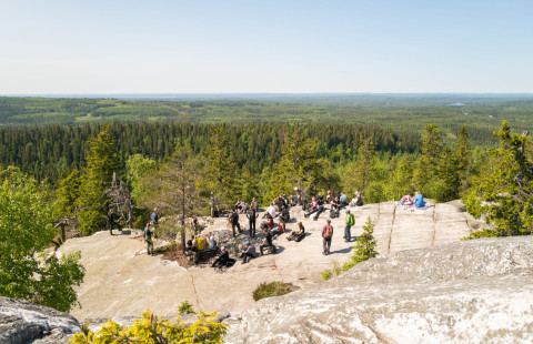 Ihmisiä reppuineen vaarakalliolla kesäaikaan