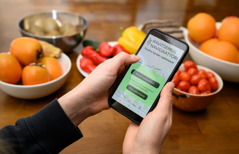 Foodnutri-hankkeen ravitsemusnavigaattori-verkkopalvelu puhelimen näytöllä ja ruokatarvikkeita.